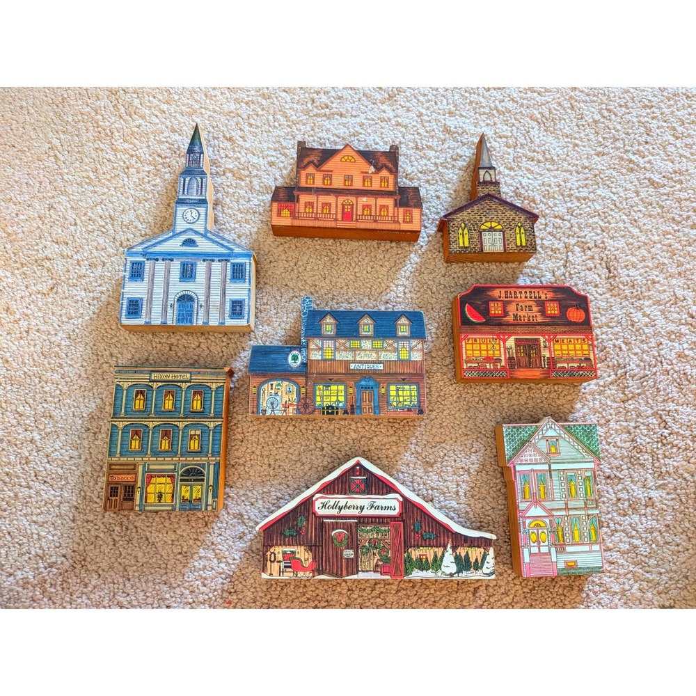 Vintage Wooden Village Shelf Sitter Lot 8pc Americana Decor
